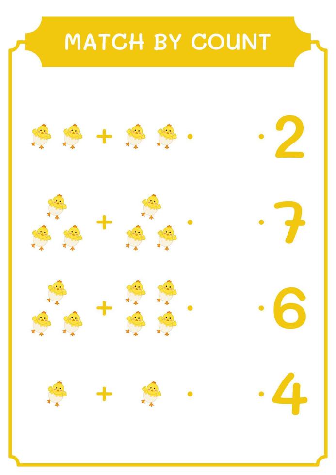 Match by count of Chick, game for children. Vector illustration, printable worksheet