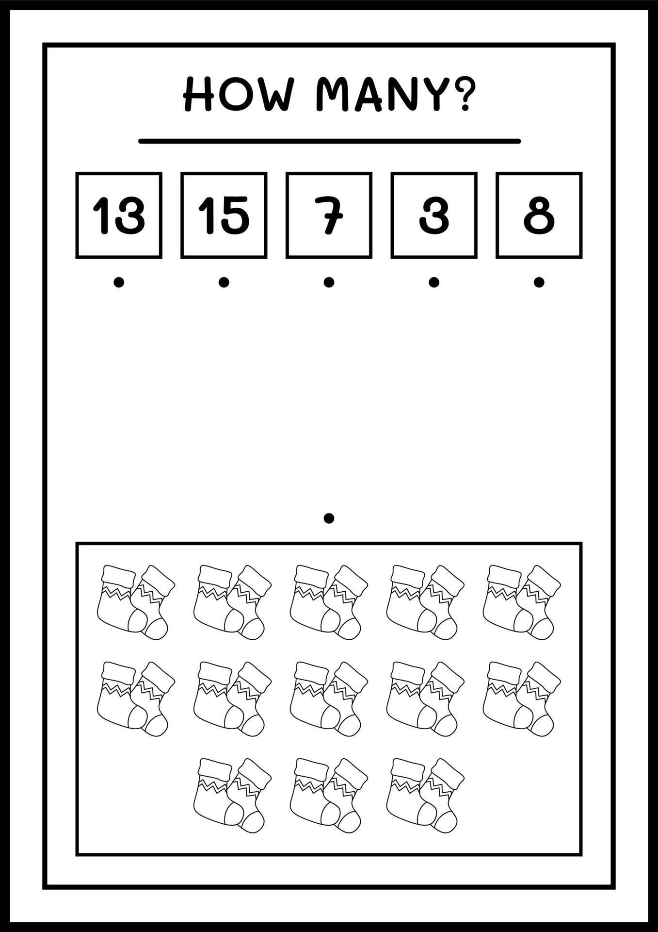 How many christmas sock, game for children. Vector illustration