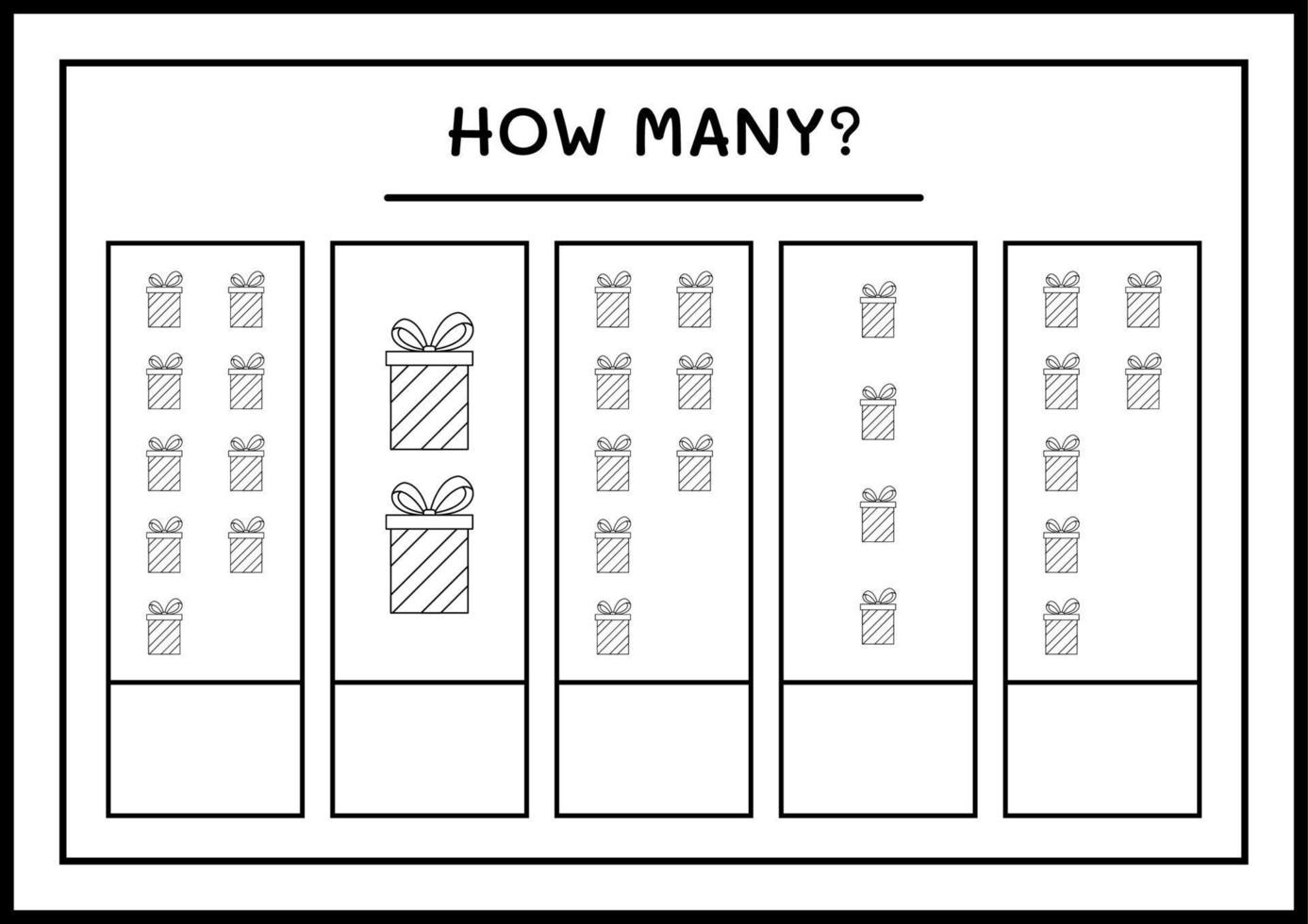 How many gift box, game for children. Vector illustration, printable worksheet