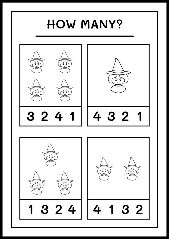 How many Witch, game for children. Vector illustration, printable worksheet