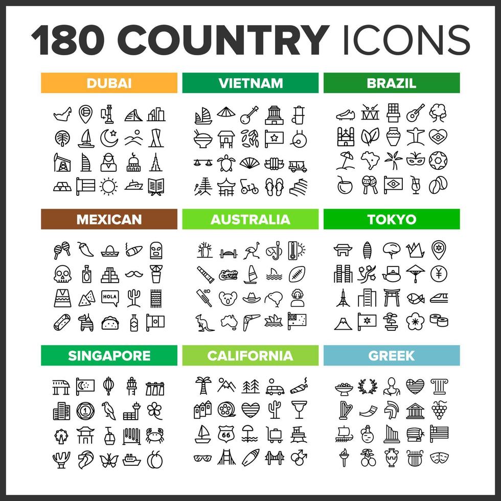 Country Icon Thin Line Big Set Vector