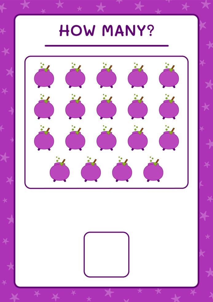 How many Cauldron, game for children. Vector illustration, printable worksheet