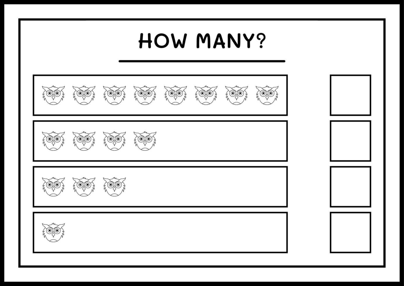 How many Owl, game for children. Vector illustration, printable worksheet