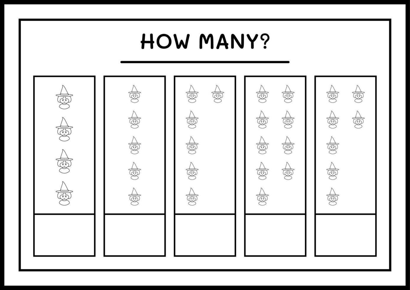 How many Witch, game for children. Vector illustration, printable worksheet