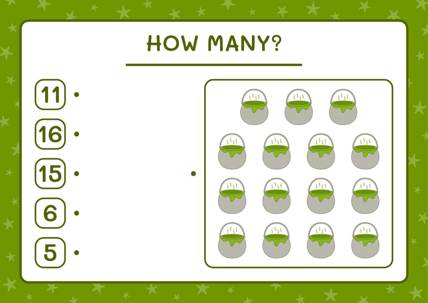 How many Cauldron, game for children. Vector illustration, printable worksheet