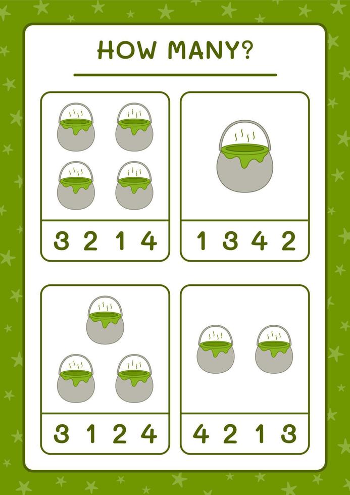 How many Cauldron, game for children. Vector illustration, printable worksheet