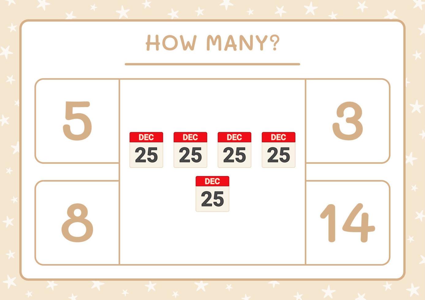 How many christmas calendar, game for children. Vector illustration, printable worksheet