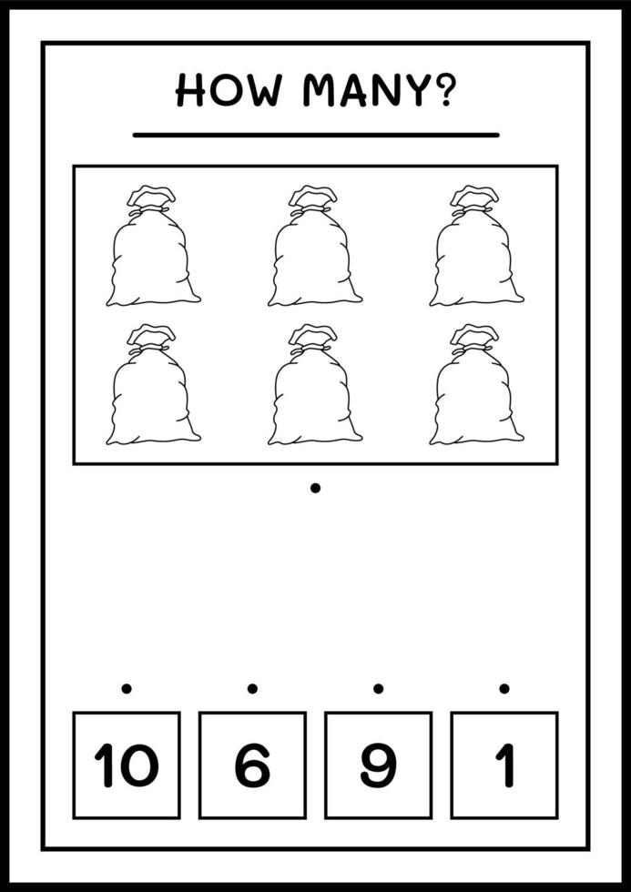 How many santa claus red bag, game for children. Vector illustration, printable worksheet