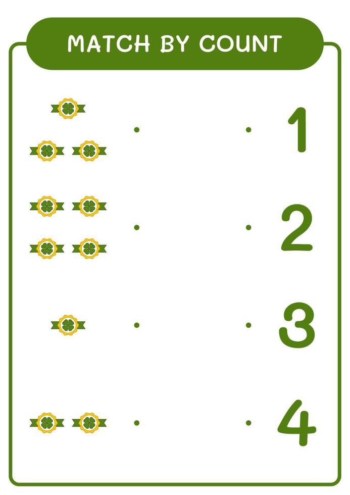 Match by count of Clover badge, game for children. Vector illustration, printable worksheet