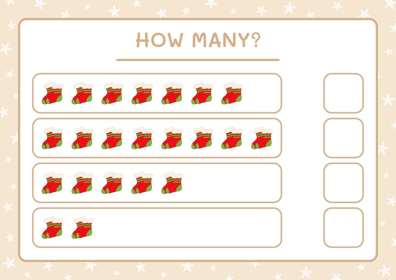 How many christmas sock, game for children. Vector illustration, printable worksheet