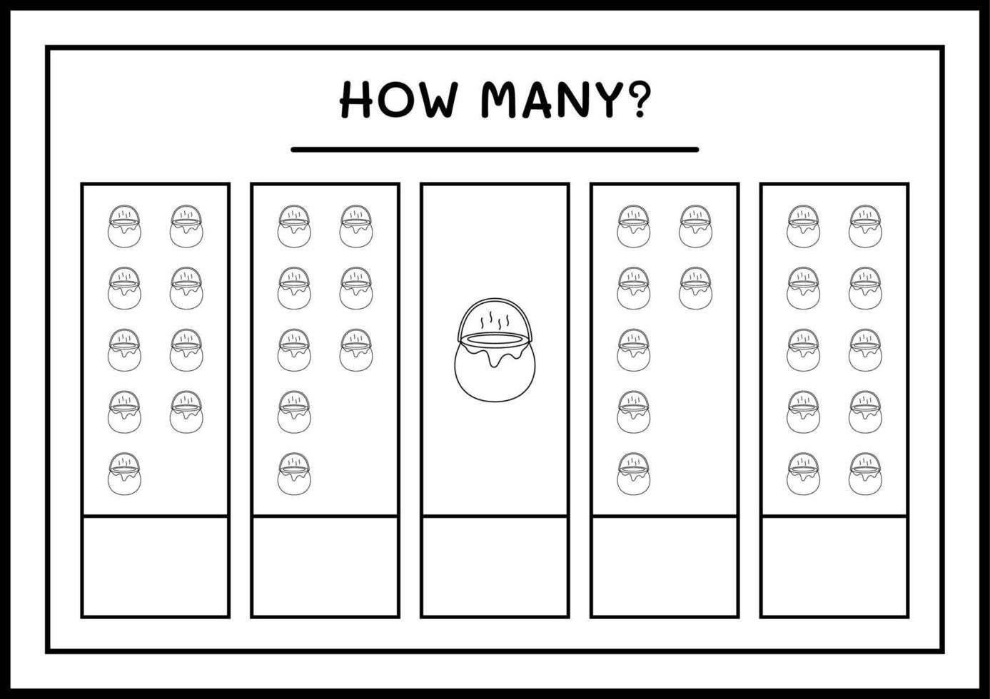 How many Cauldron, game for children. Vector illustration, printable worksheet