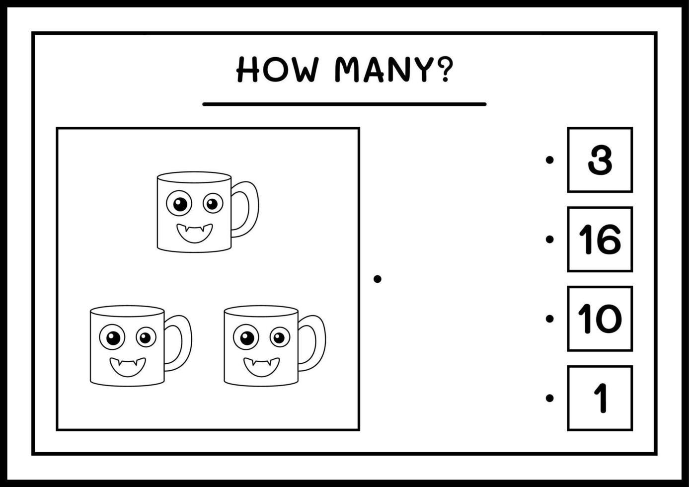 How many Mug, game for children. Vector illustration, printable worksheet