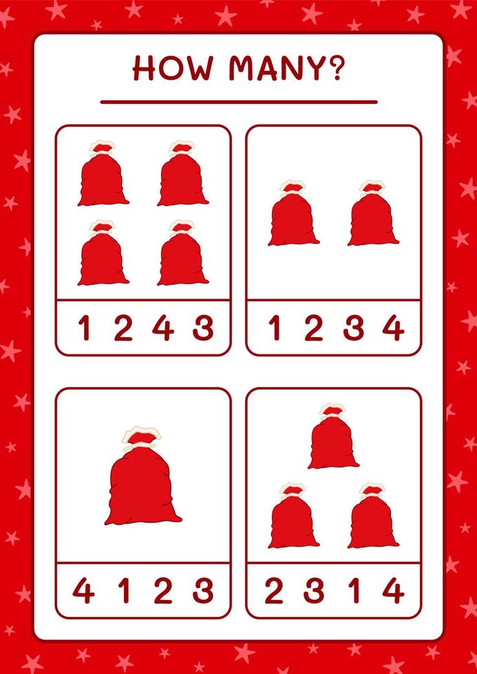 How many santa claus red bag, game for children. Vector illustration, printable worksheet