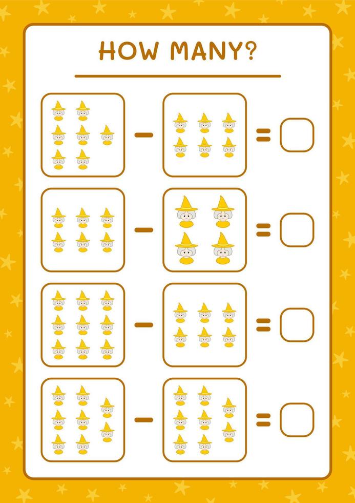 How many Witch, game for children. Vector illustration, printable worksheet