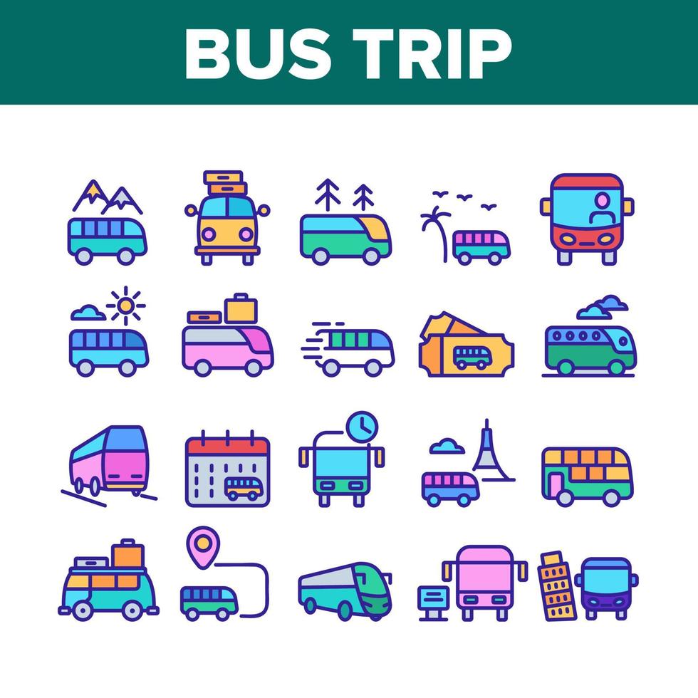 viaje en autobús y colección de viajes iconos conjunto vector