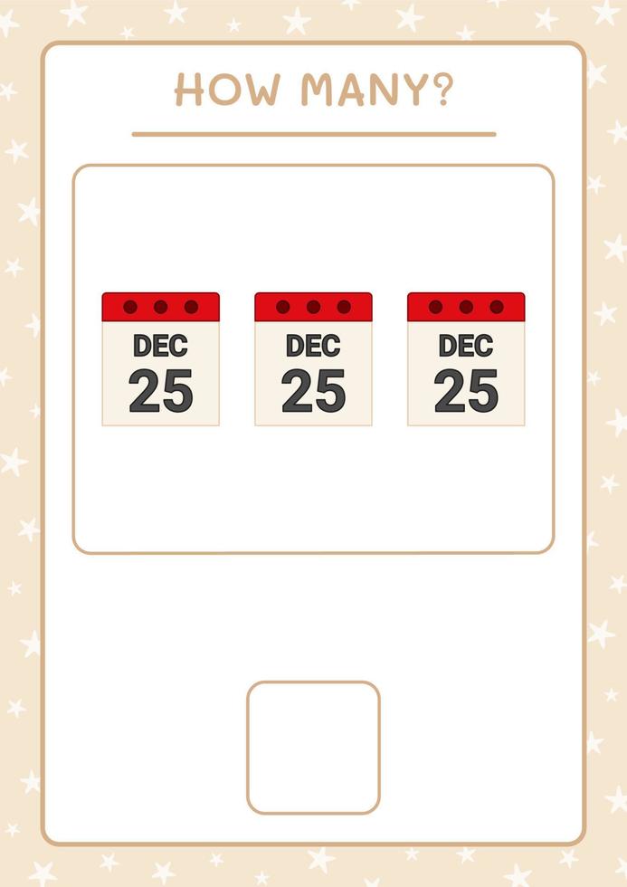 How many christmas calendar, game for children. Vector illustration, printable worksheet