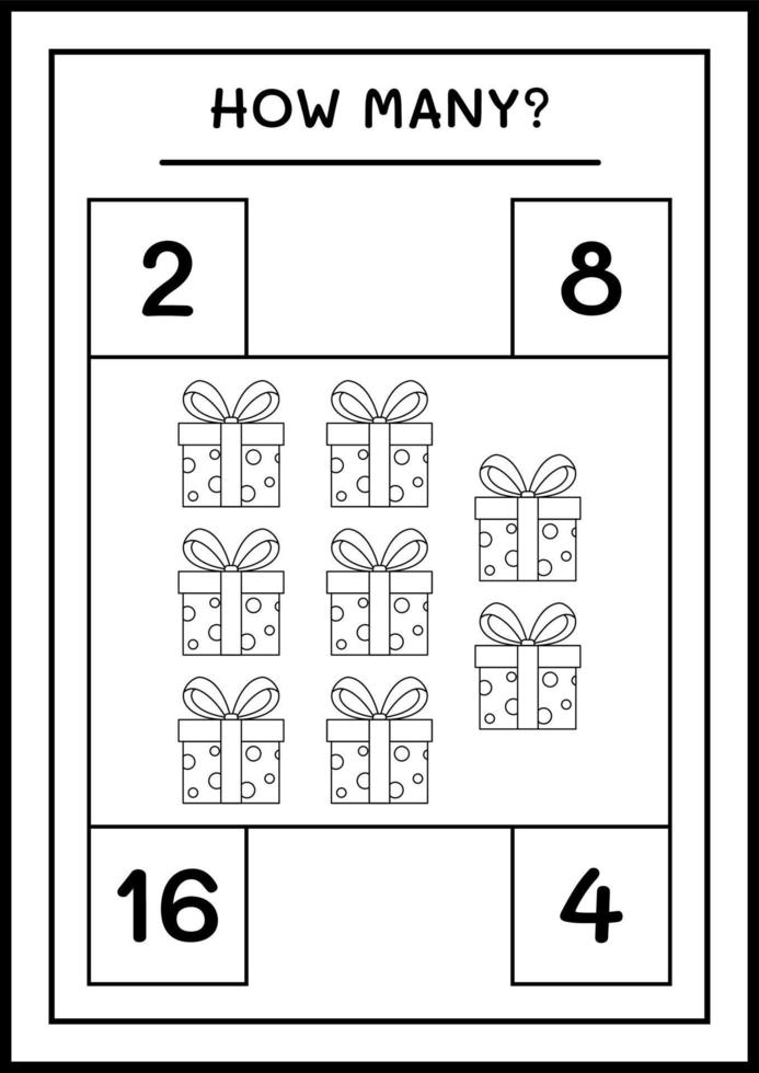 How many gift box, game for children. Vector illustration, printable worksheet