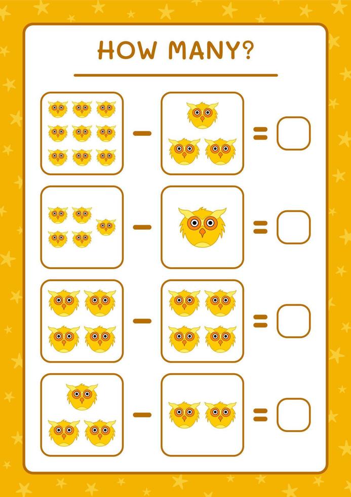 How many Owl, game for children. Vector illustration, printable worksheet