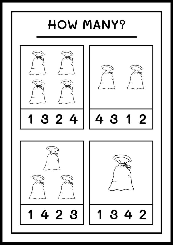 How many santa claus red bag, game for children. Vector illustration, printable worksheet