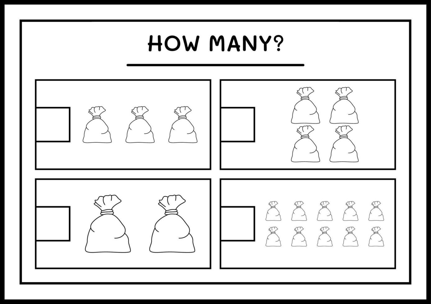 How many santa claus red bag, game for children. Vector illustration, printable worksheet