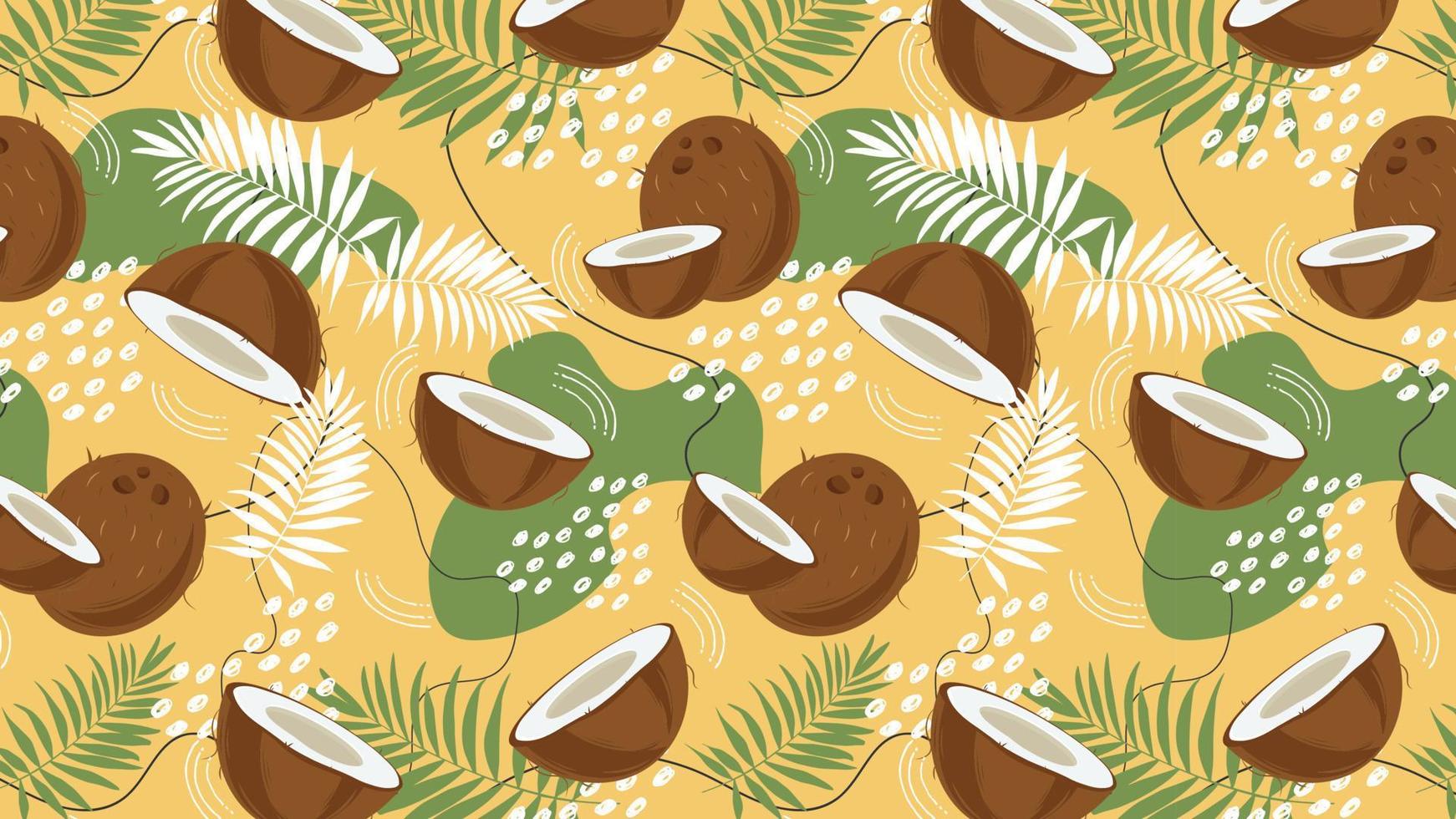 Seamless horizontal pattern with coconut, palm leaves and abstract elements, on yellow background. Whole coconut and slice. Vector illustration in cartoon flat style.