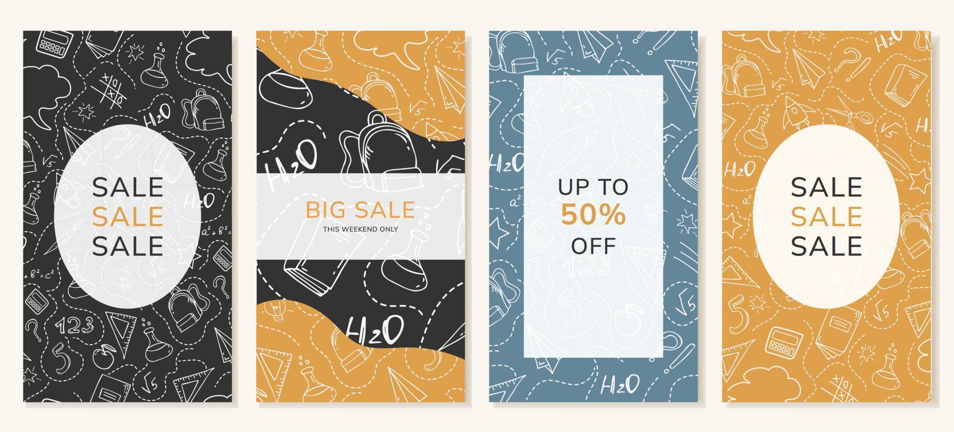 A set of editable cover templates for social media posts on a school theme with school supplies. Vector