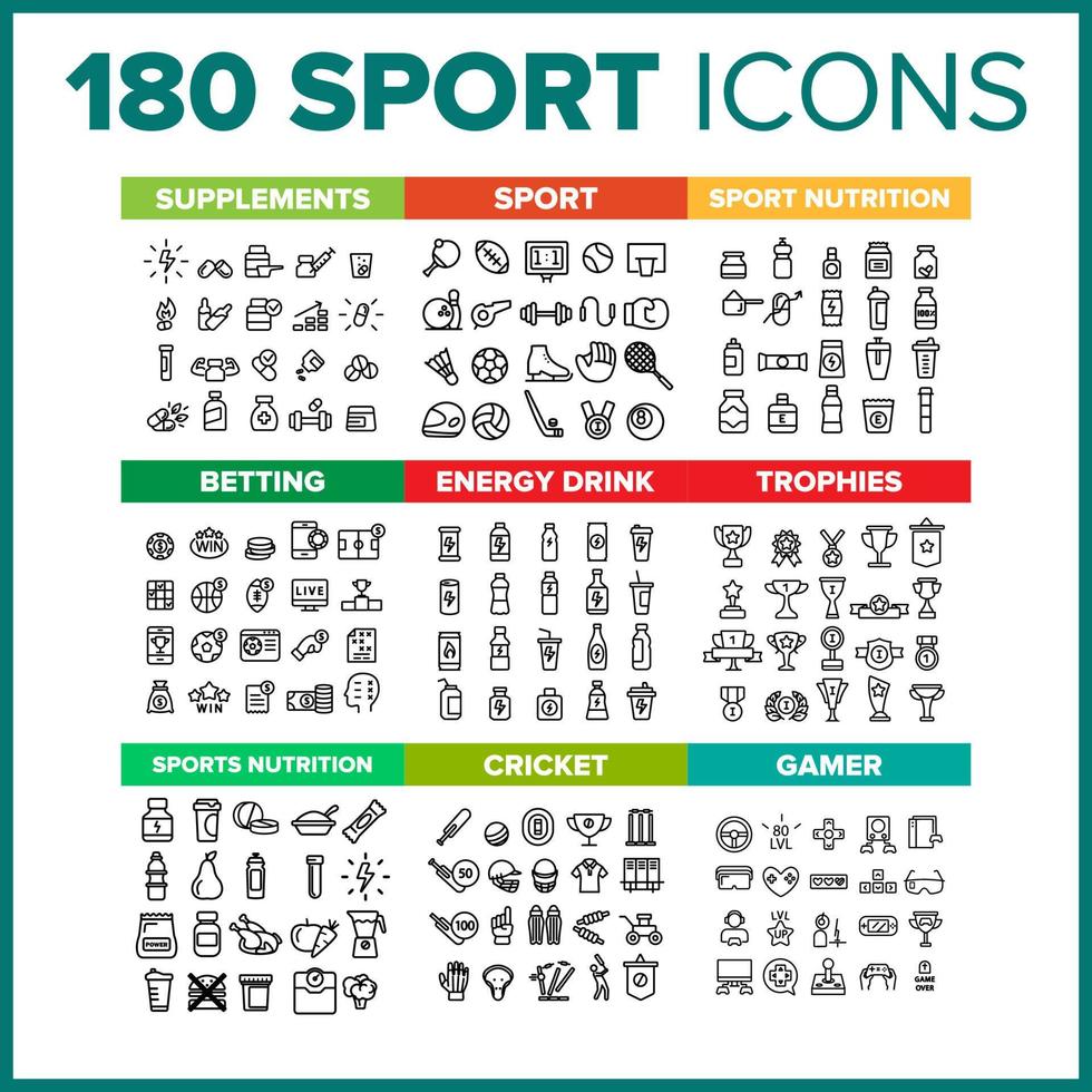 deporte icono línea delgada gran conjunto vector