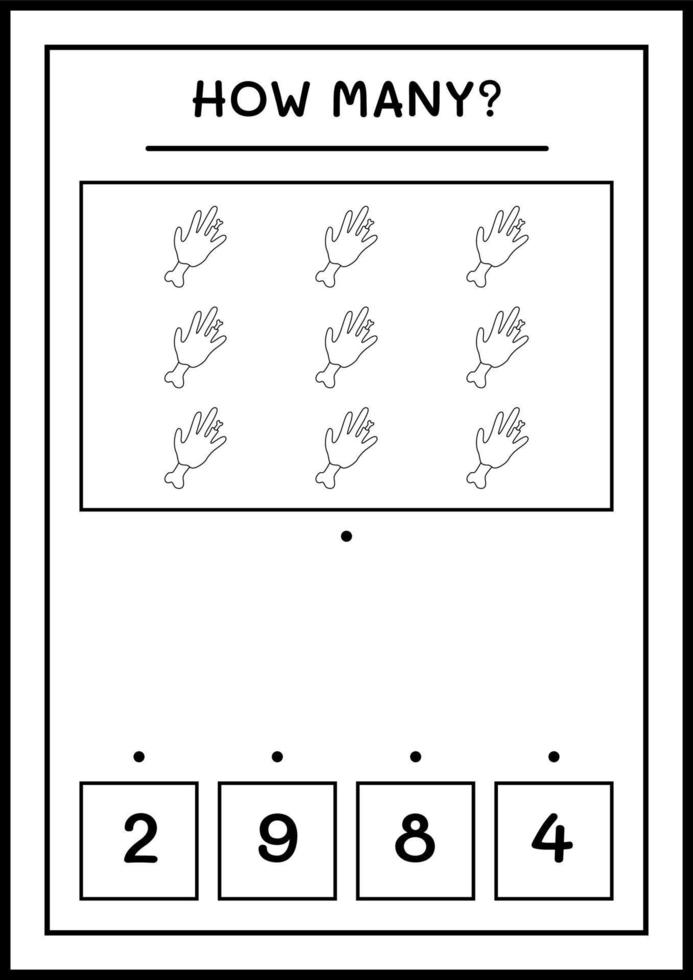 How many Zombie Hand, game for children. Vector illustration, printable worksheet
