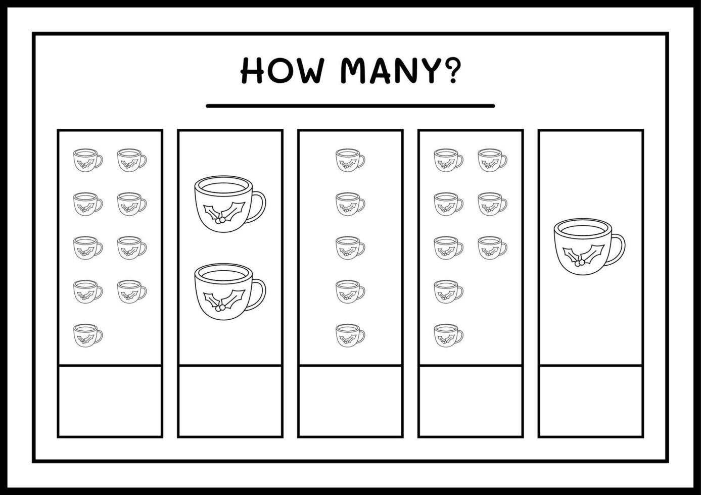 How many christmas mug, game for children. Vector illustration, printable worksheet