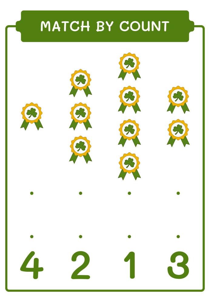 Match by count of Clover badge, game for children. Vector illustration, printable worksheet