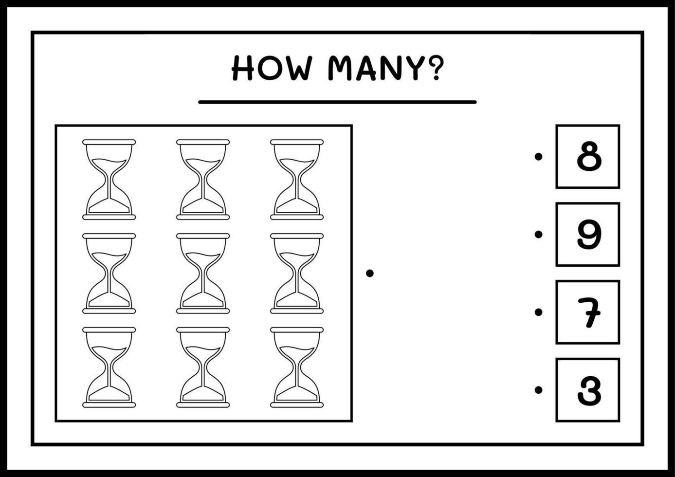 cuantos reloj de arena, juego para niños. ilustración vectorial, hoja de cálculo imprimible vector