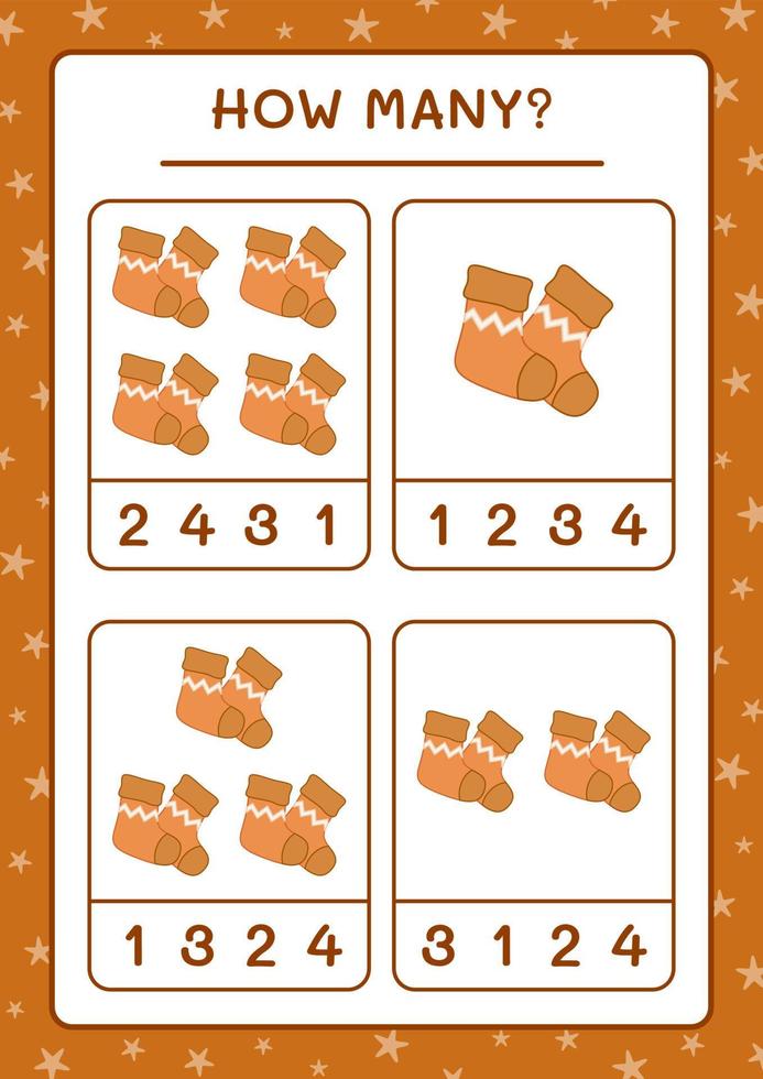 How many christmas sock, game for children. Vector illustration, printable worksheet