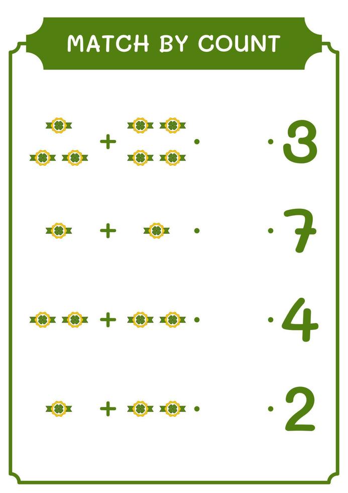 Match by count of Clover badge, game for children. Vector illustration, printable worksheet