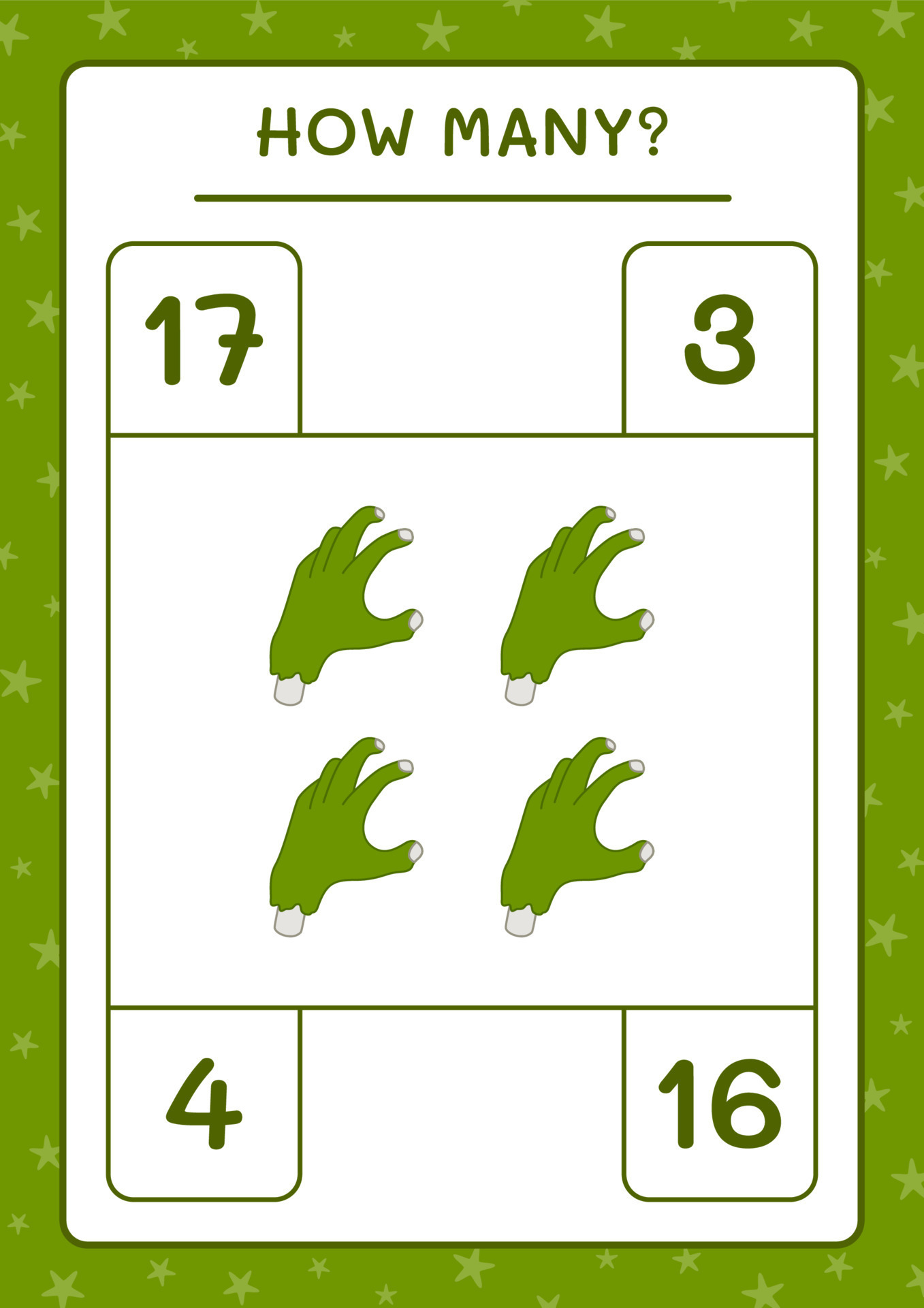 How many Zombie Hand, game for children. Vector illustration, printable