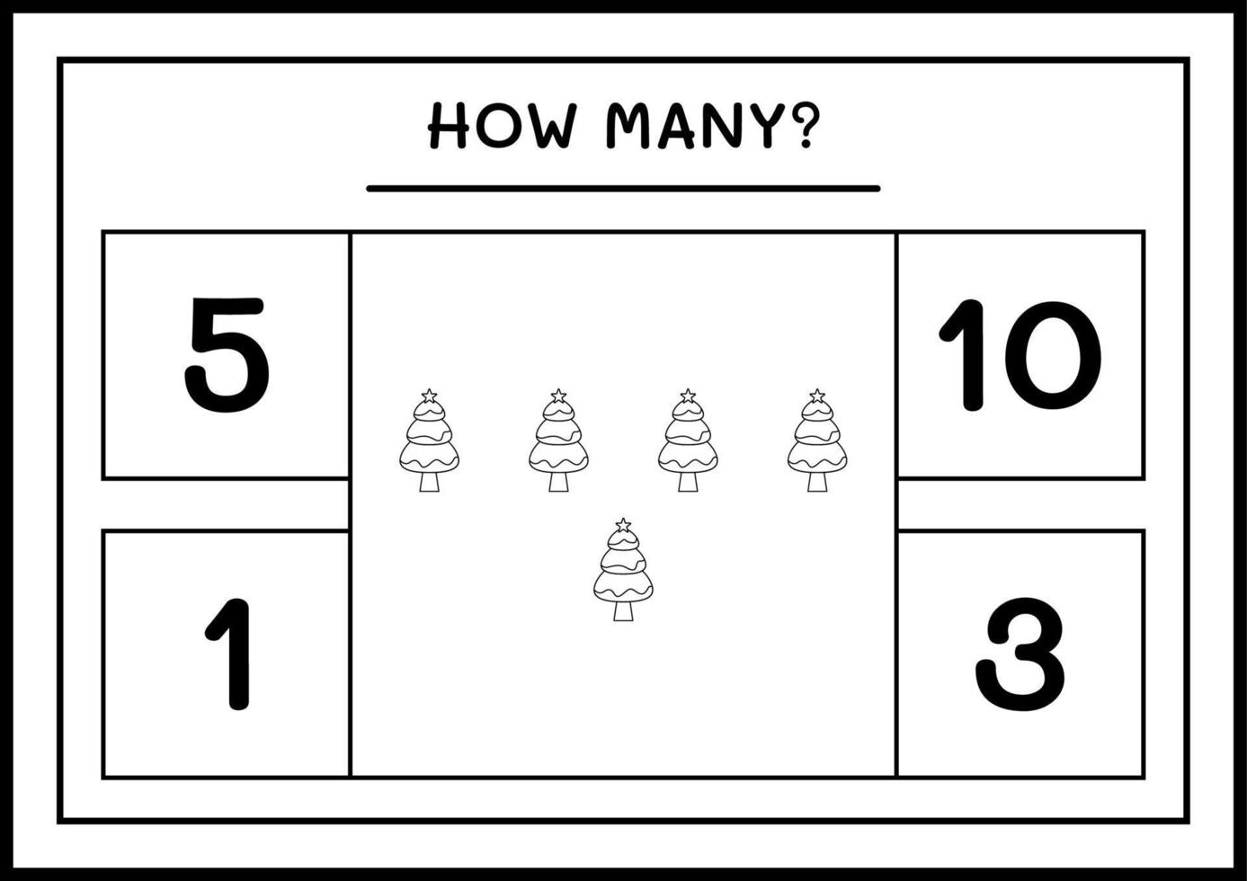 How many christmas tree, game for children. Vector illustration, printable worksheet