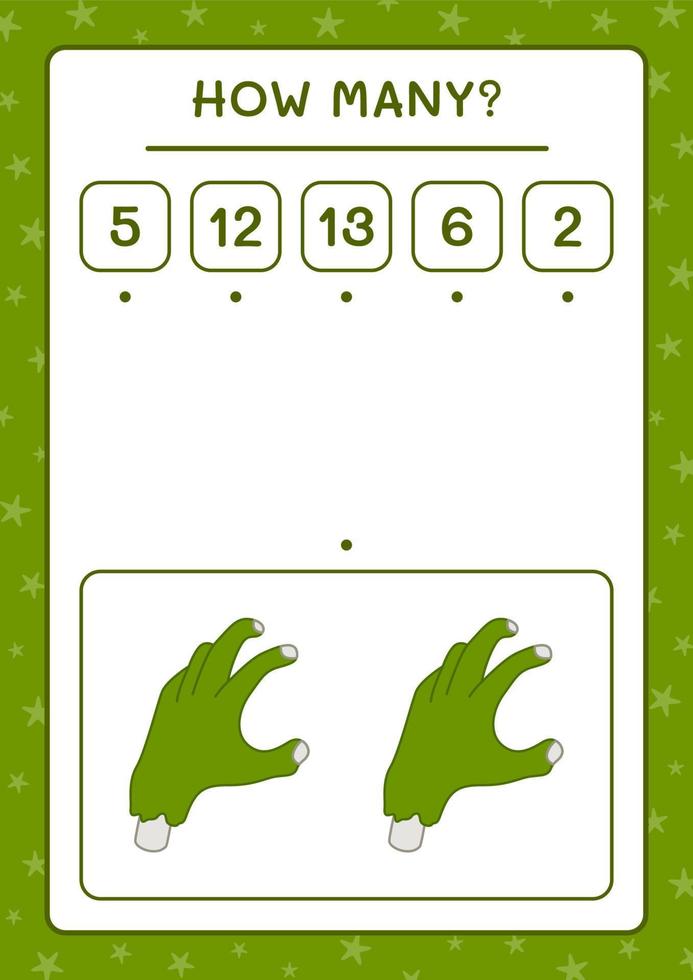 How many Zombie Hand, game for children. Vector illustration, printable worksheet