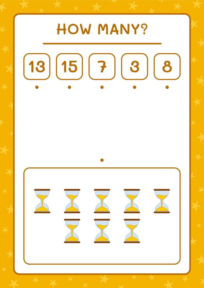 How many Hourglass, game for children. Vector illustration, printable worksheet