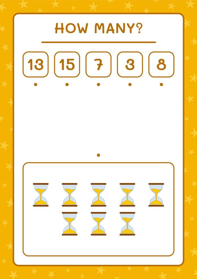 cuantos reloj de arena, juego para niños. ilustración vectorial, hoja de cálculo imprimible vector