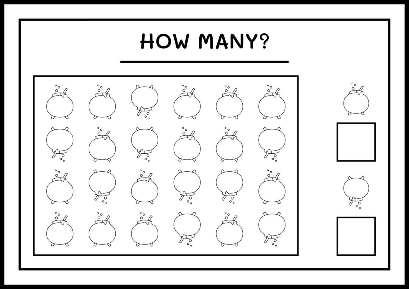 How many Cauldron, game for children. Vector illustration, printable worksheet