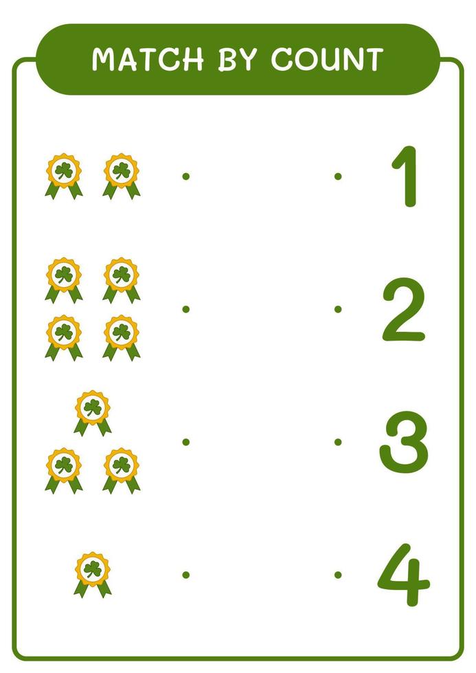 Match by count of Clover badge, game for children. Vector illustration, printable worksheet