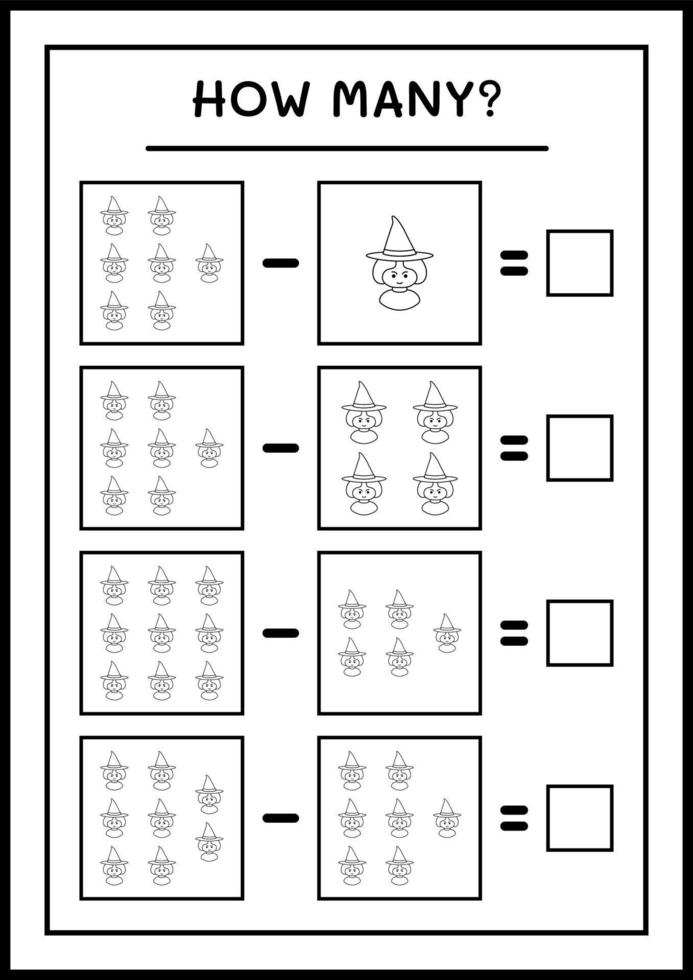 How many Witch, game for children. Vector illustration, printable worksheet