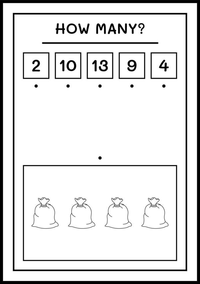 How many santa claus red bag, game for children. Vector illustration, printable worksheet