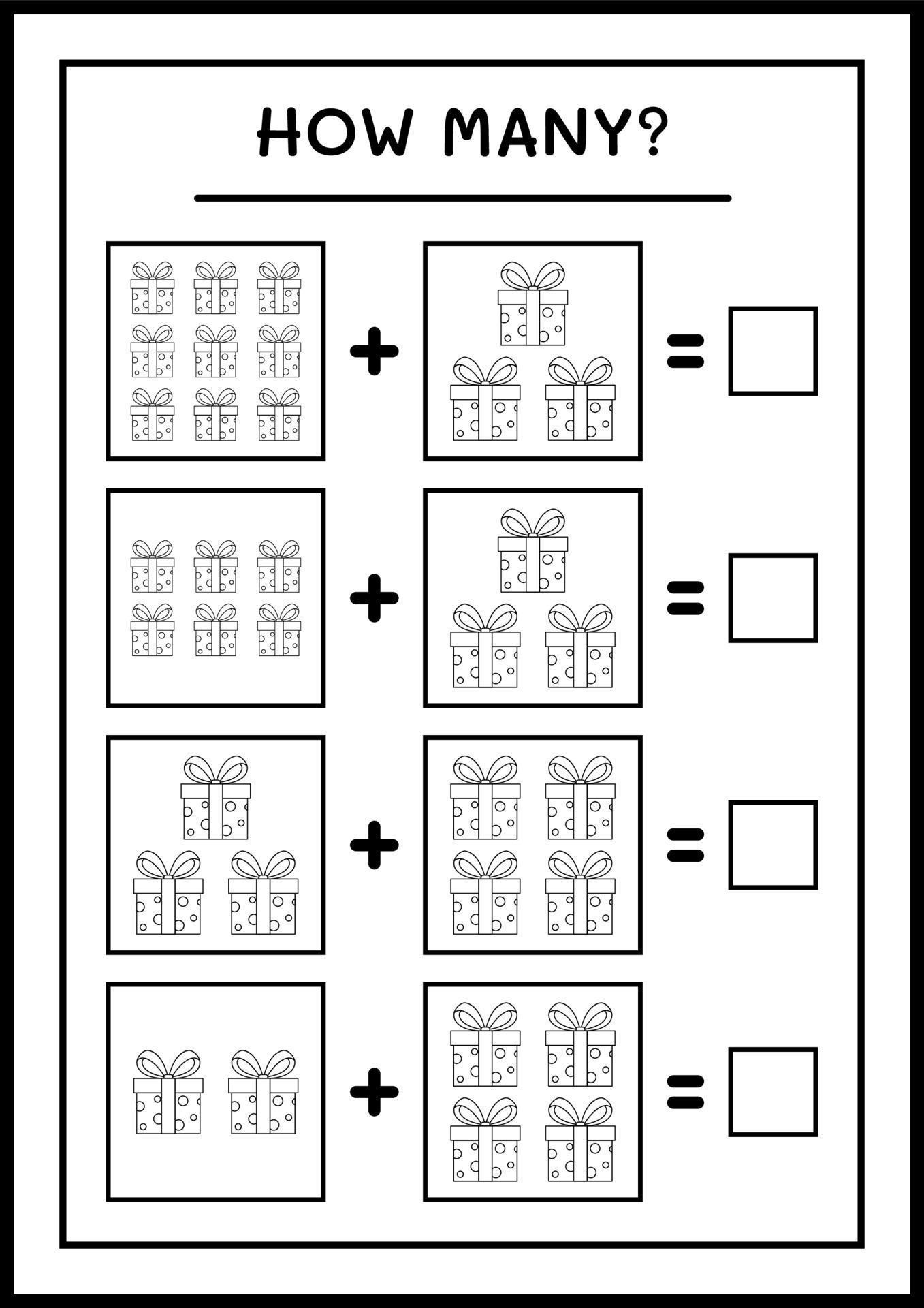 How many gift box, game for children. Vector illustration, printable