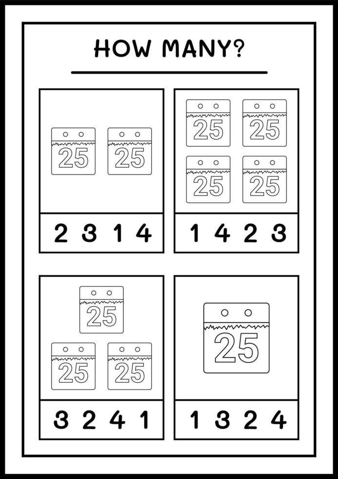 How many christmas calendar, game for children. Vector illustration, printable worksheet