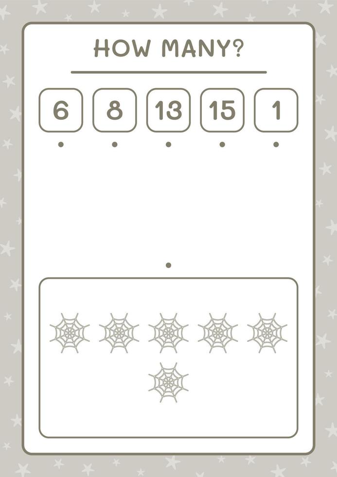 How many Cobweb, game for children. Vector illustration, printable worksheet