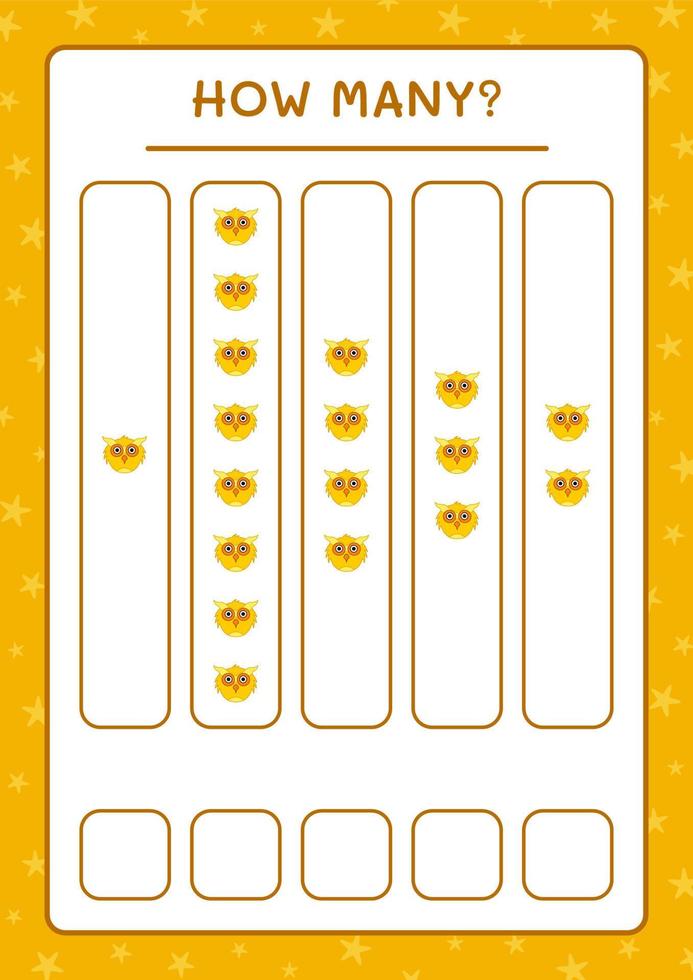 How many Owl, game for children. Vector illustration, printable worksheet