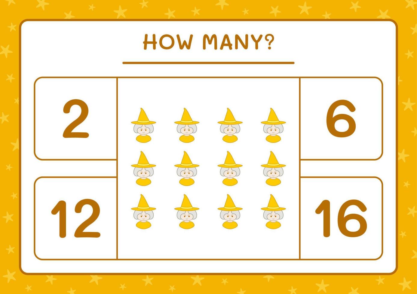 How many Witch, game for children. Vector illustration, printable worksheet