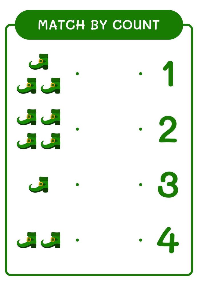 Match by count of Leprechaun boot, game for children. Vector illustration, printable worksheet