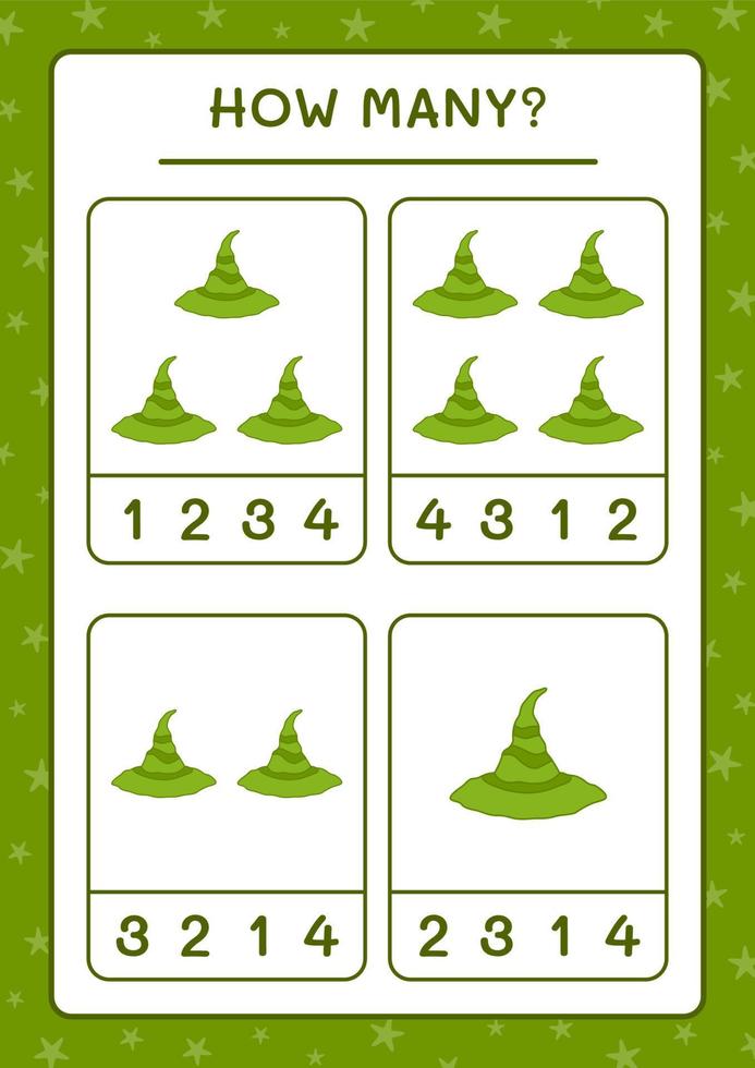 How many Witch Hat, game for children. Vector illustration, printable worksheet