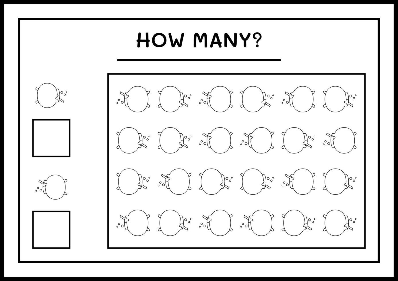 How many Cauldron, game for children. Vector illustration, printable worksheet